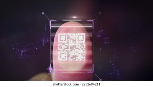 Image of a white QR code over fast motion people walking on the airport, changing into a fingerprint scan digital composite image - Powered by Shutterstock - Get 15% off with code: PIKWIZARD15