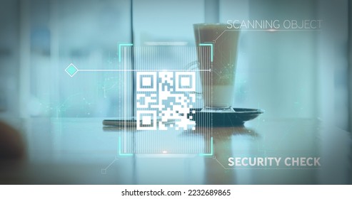 Image of a white QR code scanning over a cup of caffe latte standing on a table in a cafe. Digital composite image