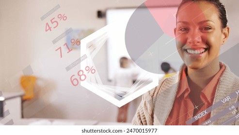 Image of white shapes and data processing over african american female teacher. Global education, learning and digital interface concept digitally generated image.