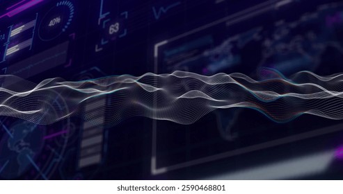 Image of white shapes moving over data processing and world map. Technology and digital interface concept digitally generated image.