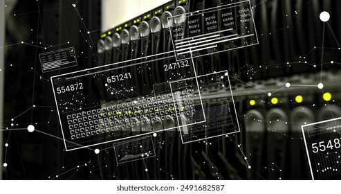 Image of white spots and data processing over server room. Global technology and digital interface concept digitally generated image.
