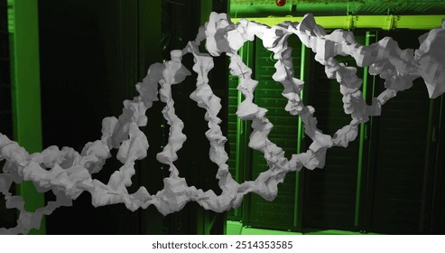 Image of white, textured dna strand over dark computer server room. Digital interface, data, medical research, healthcare, connection and communication, digitally generated image.