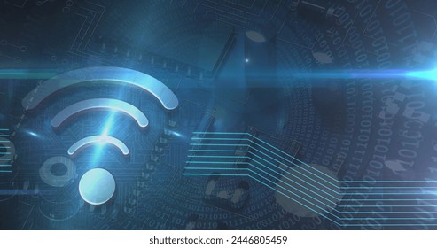Image of wifi icon with a microprocessor over a tunnel made of numbers. digital interface global connections concept digitally generated image.