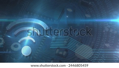 Image of wifi icon with a microprocessor over a tunnel made of numbers. digital interface global connections concept digitally generated image.