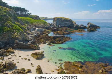 The Image Of A Wild Beach With Emerald Water In The Coast Of Island Belle Ile En Mer. France