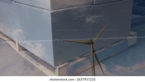 Image of wind turbine and warehouse over data processing. Global business and digital interface concept digitally generated image.