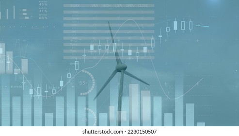 Image of wind turbines moving in countryside and stock exchange graph increasing and decreasing. Global environmental issues and development concept digitally generated image. - Powered by Shutterstock