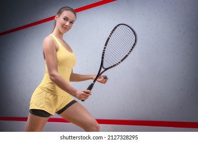 Image of a woman playing squash. Sports concept. Mixed media
