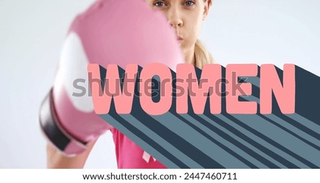 Image of woman text over woman wearing boxing gloves. female power, feminism and gender equality concept digitally generated image.