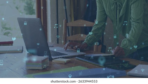 Image of woman using laptop in cafe over sped up commuters walking in cloudy sky. Global business digital interface technology and networking concept digitally generated image.