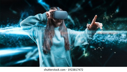 Image Of A Woman Wearing Virtual Reality Glasses. Cyber ​​space. The Concept Of Game Zones, Consoles, Simulators. Mixed Media