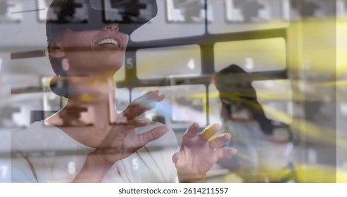 Image of women using vr headset over server room. global connections, business, digital interface, technology and networking concept digitally generated image.