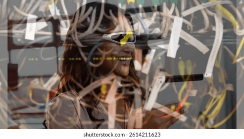 Image of women using vr headset over server room. global connections, business, digital interface, technology and networking concept digitally generated image.