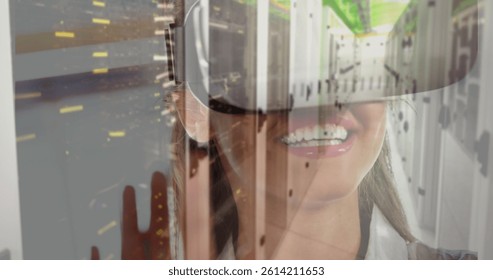 Image of women using vr headset over server room. global connections, business, digital interface, technology and networking concept digitally generated image.