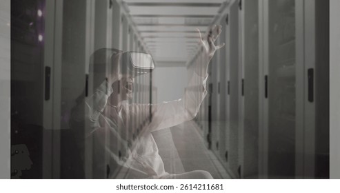 Image of women using vr headset over server room. global connections, business, digital interface, technology and networking concept digitally generated image.