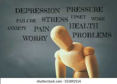 image of wooden dummy with worried stressed thoughts. depression, obsessive compulsive, adhd, anxiety disorders concept