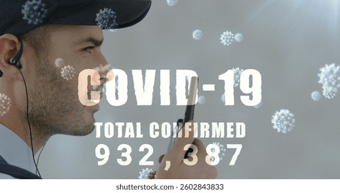 Image of a word covid-19 with total confirmed number rising and cells floating over caucasian man. coronavirus covid-19 pandemic concept digital composition