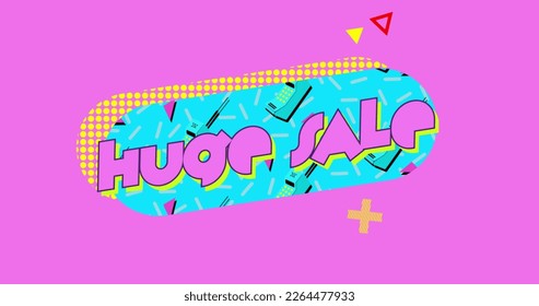 Image of the words Huge Sale in pink letters on a turquoise oval with moving graphic and shapes on a pink background - Powered by Shutterstock