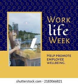 Image Of Work Life Balance Week Over Asian Woman Drinking Coffee And Using Laptop With Copy Space. Business And Work Life Balance Concept.