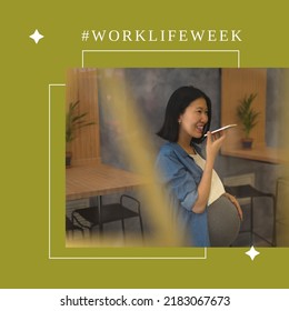 Image Of Work Life Week Over Happy Asian Pregnant Woman Using Smartphone. Business And Work Life Balance Concept.