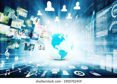 Image of world globe with worldwide information and multimedia icons in the binary code