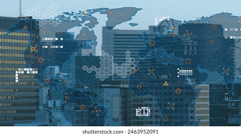 Image of world map against aerial view of cityscape. Computer interface and business data technology concept - Powered by Shutterstock - Get 15% off with code: PIKWIZARD15