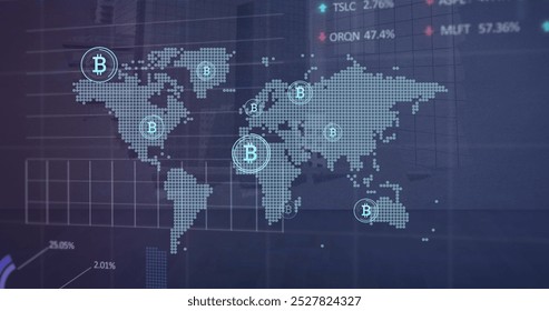 Image of world map and bitcoin signs over dark background. Global business, finances, data processing and digital interface concept digitally generated image.