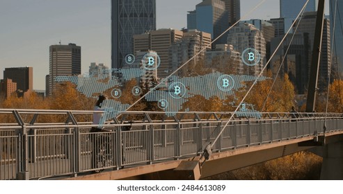 Image of world map and bitcoin symbols over cityscape. Technology, finances, computing and digital interface concept digitally generated image.
