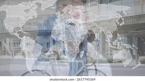 Image of world map and caucasian male doctor over caucasian man with bicycle. global business and digital interface concept digitally generated image.