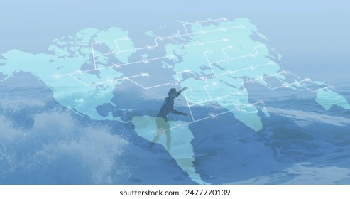 Image of world map and connections over caucasian male surfer surfing on waves. water sports, active lifestyle and vacations concept digitally generated image. - Powered by Shutterstock