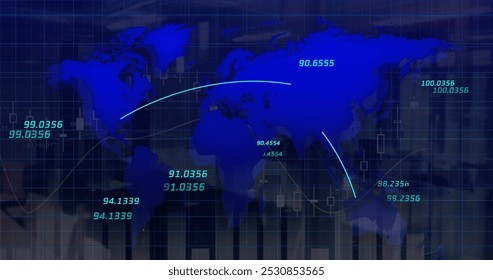 Image of world map and coordinates in navy digital space. Global business, finance, economy, network and technology concept digitally generated image.