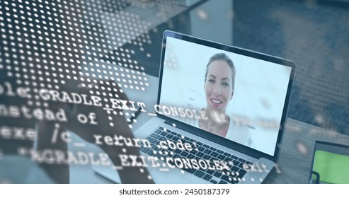 Image of world map and data over african american woman having image call on laptop. Business, finance, economy and technology concept digitally generated image.