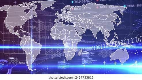 Image of world map, data processing and lights on violet background. Global finance, economy, data processing and technology concept digitally generated image.