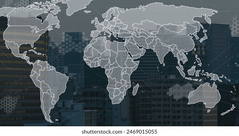 Image of world map and data processing against aerial view of cityscape. Global networking and business technology concept - Powered by Shutterstock