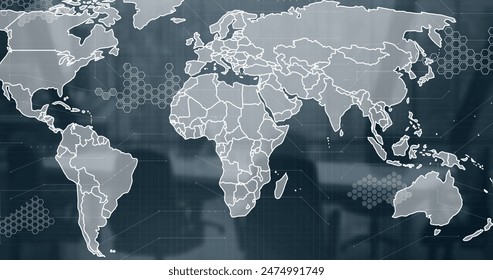 Image of world map and data processing against empty office. Global networking and business technology concept - Powered by Shutterstock