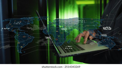 Image of world map and data processing over asian male it engineer by computer servers. Global business, connections, computing and data processing concept digitally generated image.