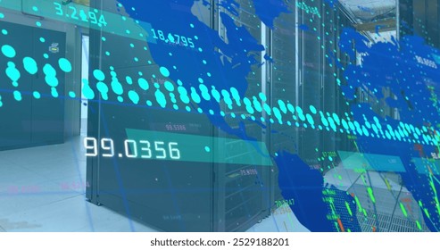 Image of world map and data processing over computer servers. Global computing, digital interface and data processing concept digitally generated image.