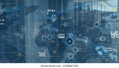 Image of world map and data processing on charts and graphs over computer server room. Global communication, business, data and digital interface concept digitally generated image.