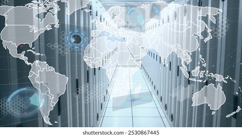 Image of world map and data processing on charts and graphs over computer server room. Global communication, business, data and digital interface concept digitally generated image.