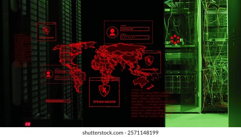 Image of world map and data processing over computer servers. Global connections, cloud computing and data processing concept digitally generated image.