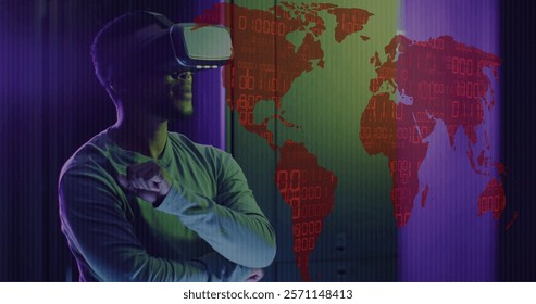 Image of world map and data processing over man wearing vr headset and computer servers. Global cyber security, connections, cloud computing and data processing concept digitally generated image.