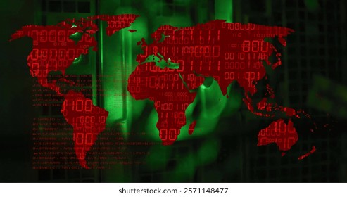 Image of world map and data processing over computer servers. Global cyber security, connections, cloud computing and data processing concept digitally generated image.