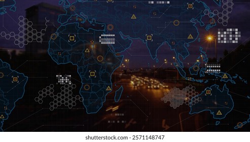 Image of world map, data processing over cityscape. Global finance, business, connections, computing and data processing concept digitally generated image.
