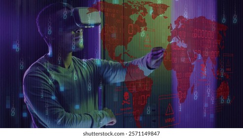 Image of world map and data processing over man wearing vr headset and computer servers. Global cyber security, connections, cloud computing and data processing concept digitally generated image.