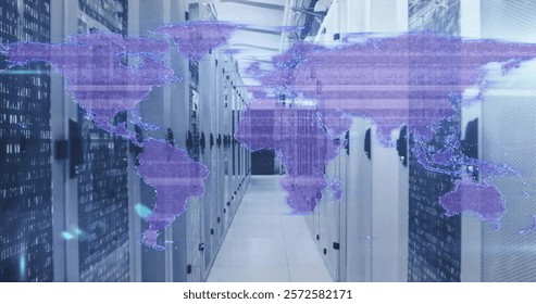 Image of world map and data processing over computer servers. Global finance, business, connections, computing and data processing concept digitally generated image.