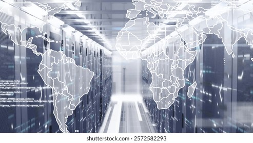 Image of world map and data processing over computer servers. Global finance, business, connections, computing and data processing concept digitally generated image.