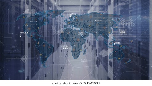 Image of world map and data processing over computer servers. Global business, connections, computing and data processing concept digitally generated image.
