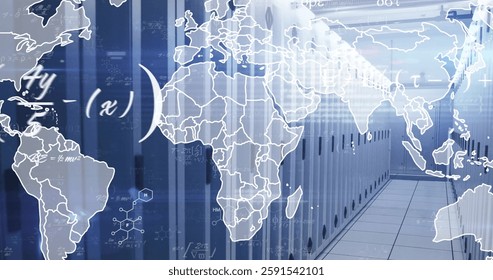 Image of world map and data processing over computer servers. Global business, connections, computing and data processing concept digitally generated image.
