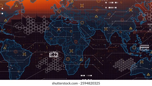 Image of world map with data processing over cityscape. Global technology, computing and digital interface concept digitally generated image.