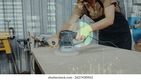 Image of world map and data processing over caucasian female carpenter working in workshop. Global communication, work and digital interface concept digitally generated image.